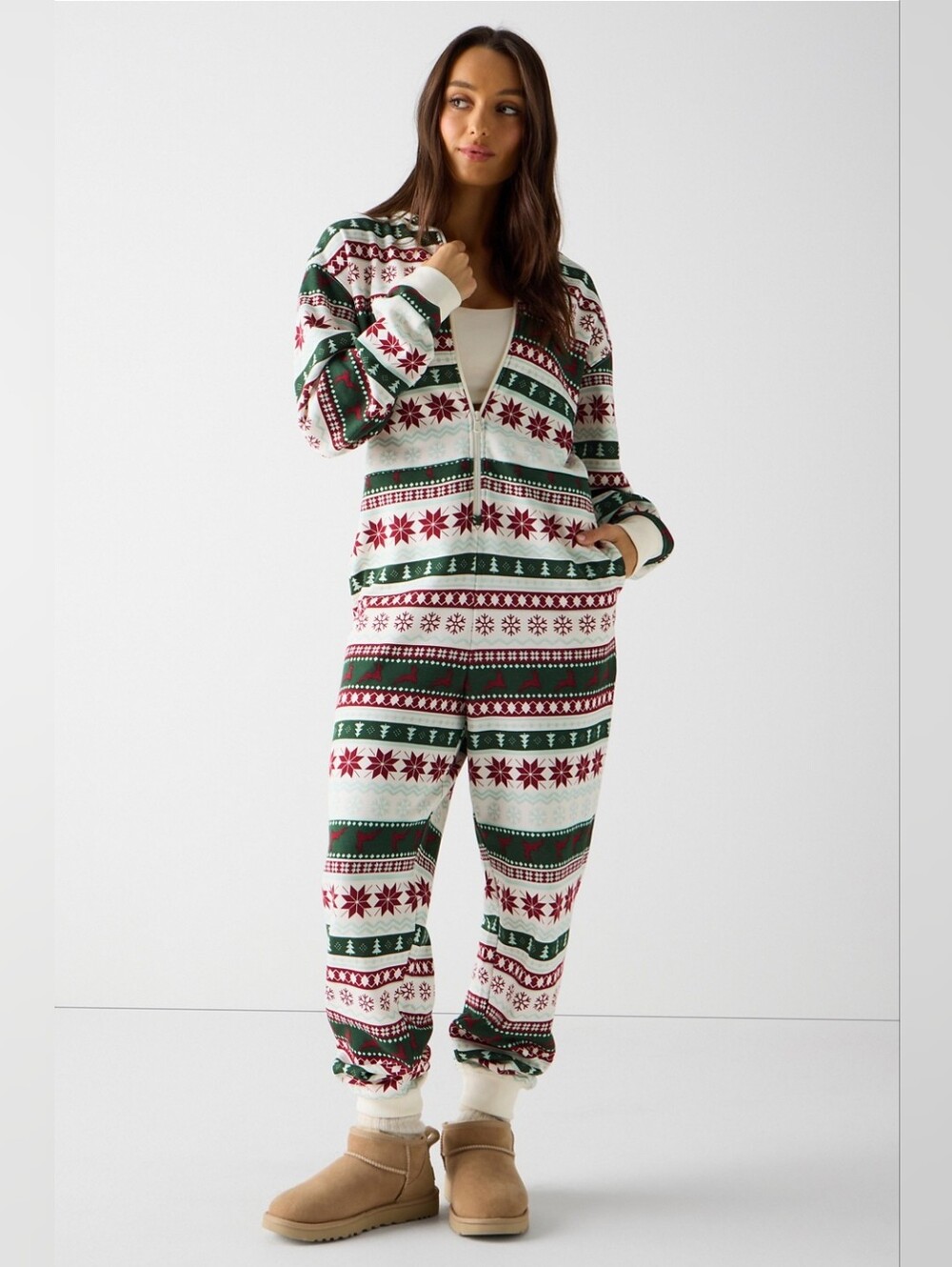 Fabletics Women’s Size Large Cozy Fleece Hooded Onesie pajamas Christmas